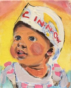 A painted portrait of a baby with big blue eyes, wearing a hat and colorful clothing, looking upwards with a curious expression.