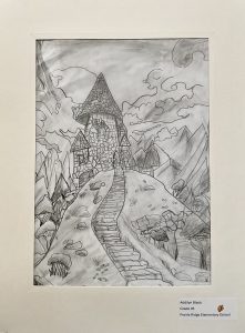 A pencil drawing of a stone castle on a hill, with a winding path and mountains in the background.