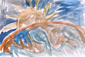 Abstract watercolor painting featuring a sun above waves, with shades of blue, brown, and orange.