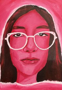 A close-up of a person with long dark hair, wearing round white glasses, against a bright pink background.