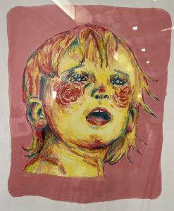 Colorful portrait of a young child with expressive features against a pink background, evoking emotion and innocence.