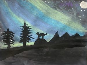A silhouette of trees and mountains under a starry sky with a bright moon, featuring a bear on a rock.