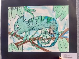 A colorful watercolor drawing of a chameleon on a branch, with a child peeking from behind it, surrounded by leaves.