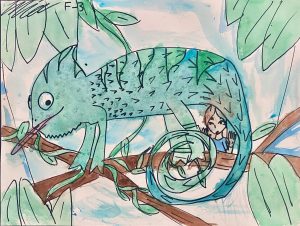 A colorful drawing of a chameleon on a branch, with a person peeking from behind its tail in a leafy background.