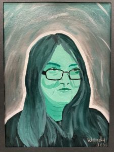 A portrait of a person with long hair and glasses, depicted in shades of green against a soft background.