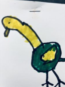A colorful drawing of a bird with a long neck, yellow head, and green body, outlined in black.