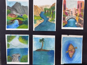 Six small watercolor paintings depicting landscapes, including mountains, rivers, and a kayak on water.
