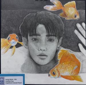 A portrait of a young man surrounded by colorful goldfish, showcasing detailed graphite and colored pencil work.