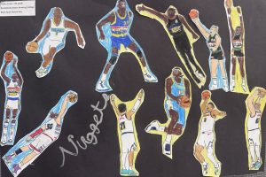 A collage of colorful drawings of basketball players in various action poses on a black background.