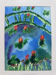 A colorful watercolor painting of a pond with red flowers and green lily pads under a blue sky, featuring a green bridge.