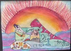 A colorful drawing featuring a large sneaker, mountains, sports balls, and a vibrant sunset background.