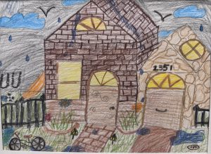 A colorful drawing of two houses with rain, a bike, flowers, and a black fence, under a cloudy sky.