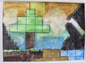 A colorful pixelated landscape featuring a green tree, brown trunk, and various colored blocks representing terrain.