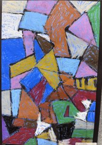 Colorful abstract artwork featuring various geometric shapes in blues, reds, yellows, and browns.