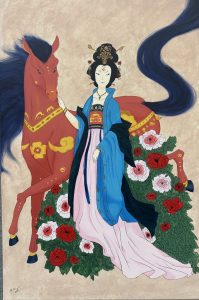 A woman in traditional attire stands beside a red horse, surrounded by colorful flowers on a textured background.