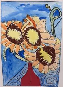 Colorful drawing of sunflowers in a red vase against a blue background with swirling patterns.