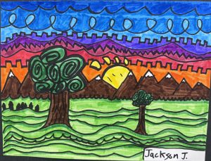 Colorful landscape drawing featuring mountains, a sun, and trees, with vibrant skies and wavy green fields.