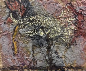 Textured artwork featuring a stylized bird in shades of black, yellow, and red against a crumpled, multicolored background.