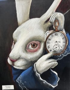 A white rabbit in a blue coat holds a pocket watch, looking intently at it against a dark background.
