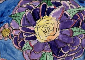 A colorful watercolor painting of large purple flowers with a yellow center, set against a blue background.