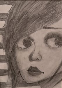 A pencil drawing of a girl with large eyes, a subtle expression, and long hair, set against striped background.