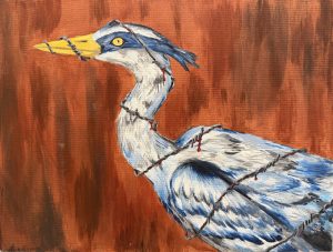 A blue heron wrapped in barbed wire against a textured orange background, evoking themes of confinement and struggle.
