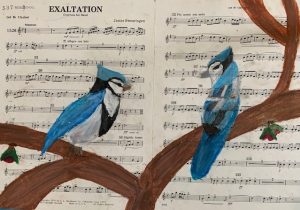 Two blue jays perched on a brown branch, with sheet music for "Exaltation" in the background.