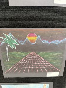 A colorful drawing of a sunset over mountains, with a palm tree and a grid-patterned road leading into the horizon.
