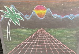 A vibrant landscape with a palm tree, mountains, and a sunset, featuring a grid road leading into the distance.