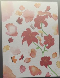 A canvas featuring red flowers and colorful, abstract watercolor splotches in shades of pink and orange.