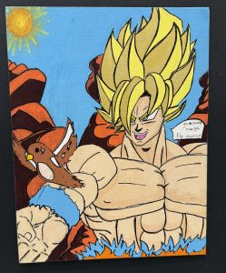 A muscular character with spiky yellow hair holds a small bird against a colorful background with a sun and rocks.