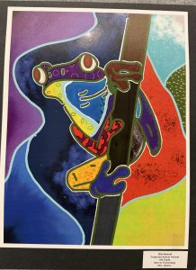 A colorful illustration of a vibrant frog climbing a pole against a cosmic backdrop of swirling colors.