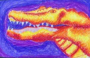 A vibrant drawing of a dragon's head in shades of orange and yellow against a purple background.