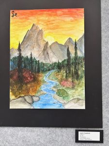 A colorful landscape painting featuring mountains, a river, and trees under a sunset sky. Created by a middle school student.