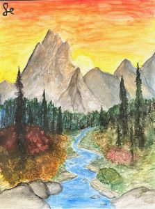 A scenic landscape featuring mountains, a river winding through a forest, and a vibrant sunset sky.