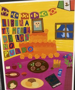 Colorful artwork featuring a festive scene with food, a framed dog picture, and phrases celebrating Mexican culture.