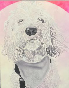 A stylized illustration of a fluffy dog with a bandana, set against a pink background.