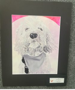 Digital artwork of a dog wearing a scarf, framed with a pink background and artist information below.