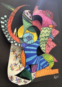 Colorful abstract paper art with various patterns and shapes, layered against a black background.