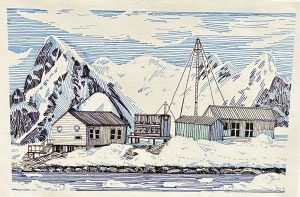 Illustration of a small settlement by the water, surrounded by mountains, featuring several buildings and a tall structure.