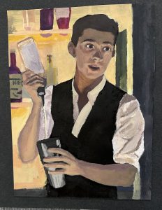 A young bartender in a vest holds a shaker and bottle, with colorful liquor bottles in the background.