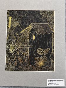 Una obra de arte para rascar en la que aparece un pájaro junto a una casita para pájaros, rodeado de motivos en espiral y flores.