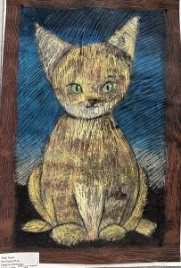A colorful, textured drawing of a cat with green eyes, set against a blue background.