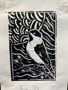 Black and white print of a bird surrounded by abstract wavy patterns and flowers, with the artist's signature at the bottom.
