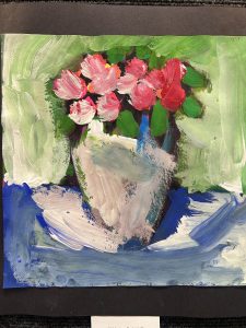 A colorful painting of a vase filled with pink flowers against a green background, with blue strokes at the base.