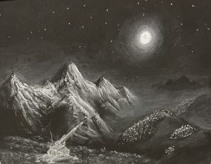 A monochromatic landscape featuring snow-capped mountains under a bright moon and scattered stars.