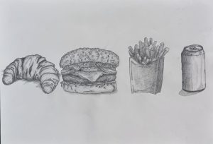 A pencil drawing featuring a croissant, a hamburger, fries in a container, and a soda can.