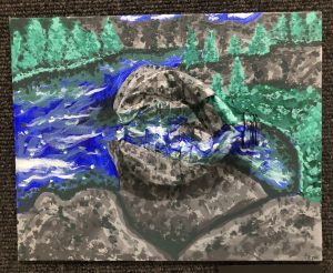 A painting of a river flowing around a large rock, surrounded by green trees under a blue sky.