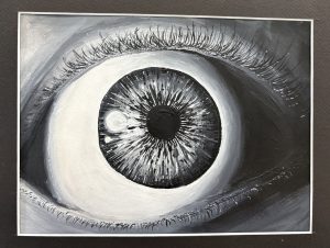 A close-up, monochromatic painting of an eye, showcasing detailed eyelashes and intricate iris patterns.