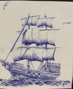 A detailed blue ink drawing of a sailing ship with billowing sails navigating through waves, with birds in the background.